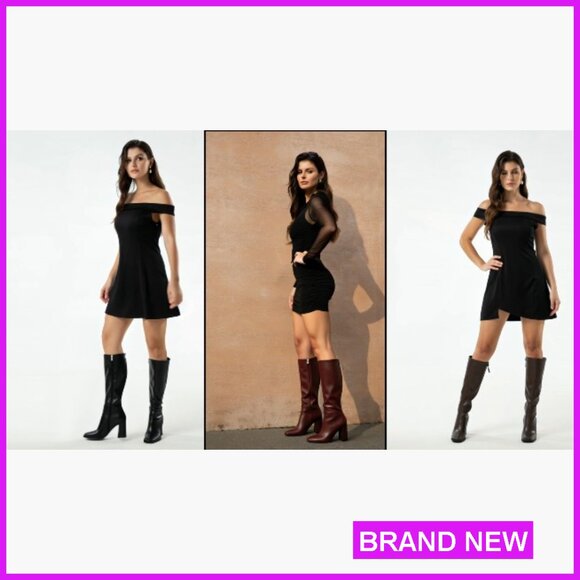 Knee High Boots Leather Square Toe Chunky Heel Tall Dress Boots Side Zipper - Picture 7 of 7
